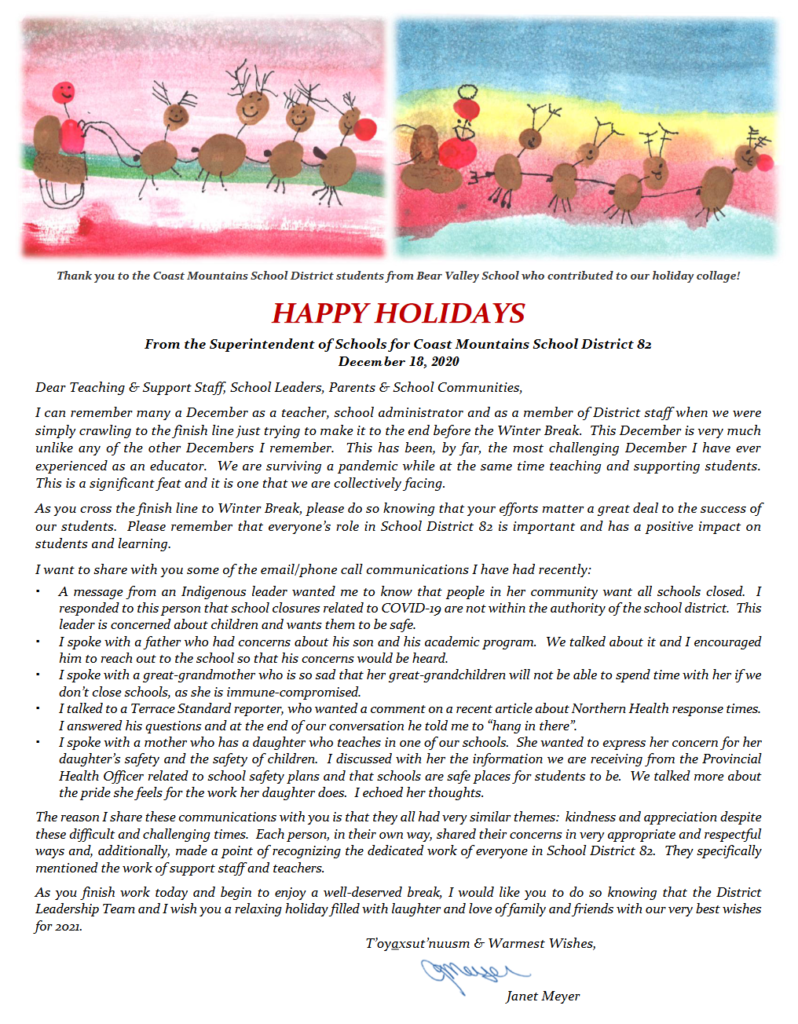 Holiday Wishes from the Superintendent Hazelton Secondary School